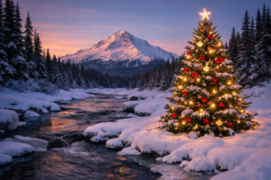 a decorative image of a mountain and Christmas tree